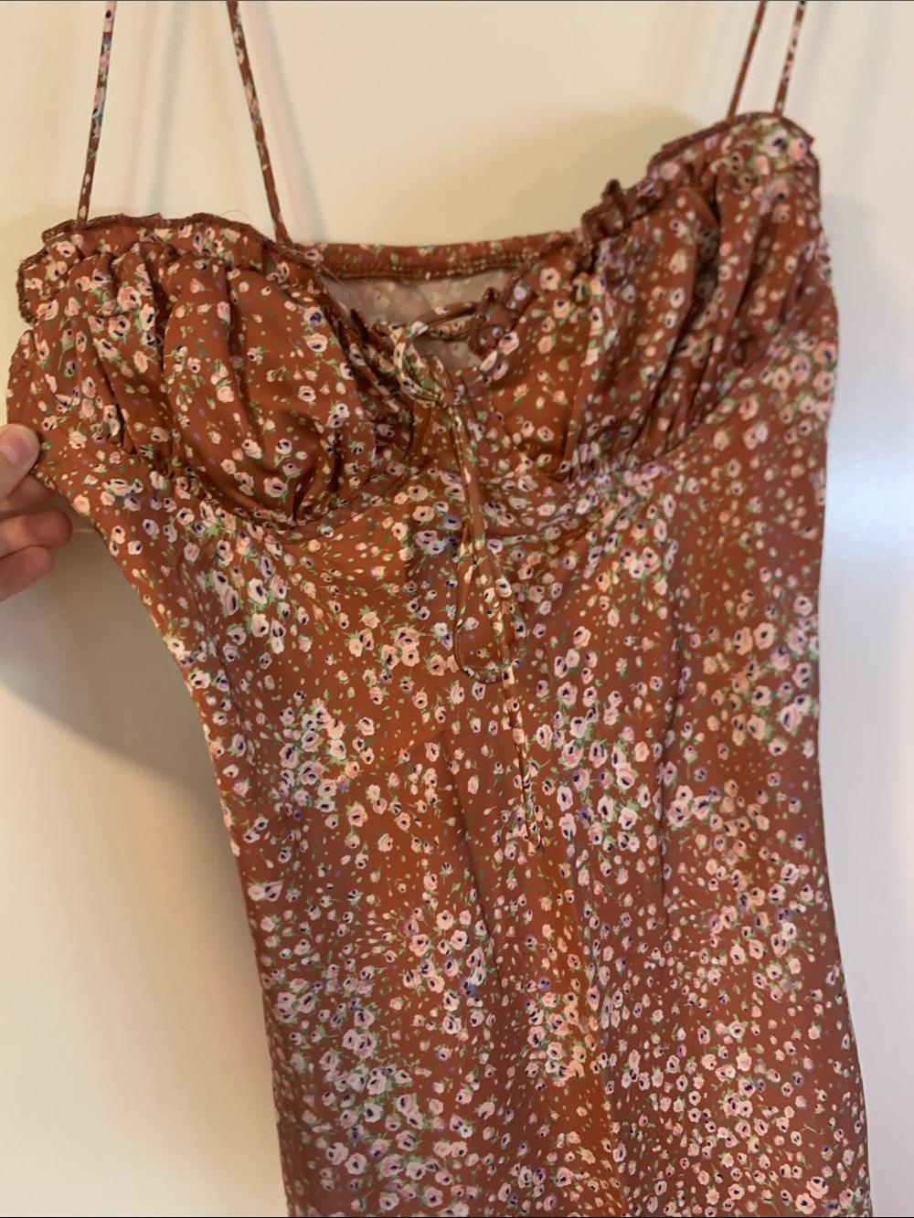 Floral Brown Tie-Front Sundress with Spaghetti Straps